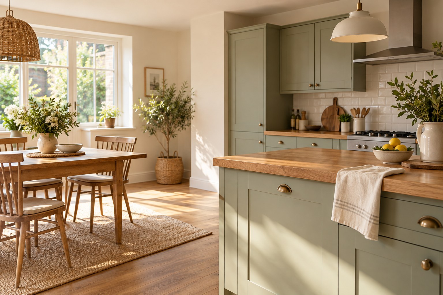 A bright, tidy kitchen with sage cabinets and warm natural light